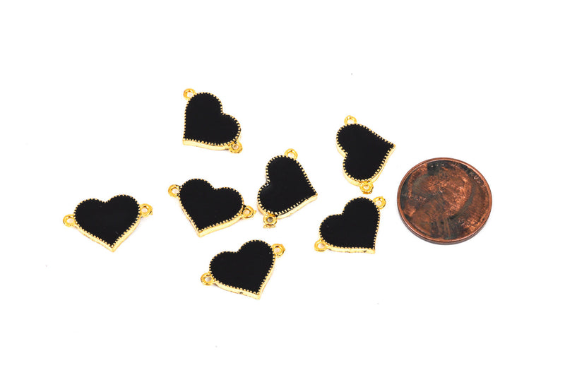 2 BLACK and GOLD Heart Enamel and Metal Connector Charms  che0462