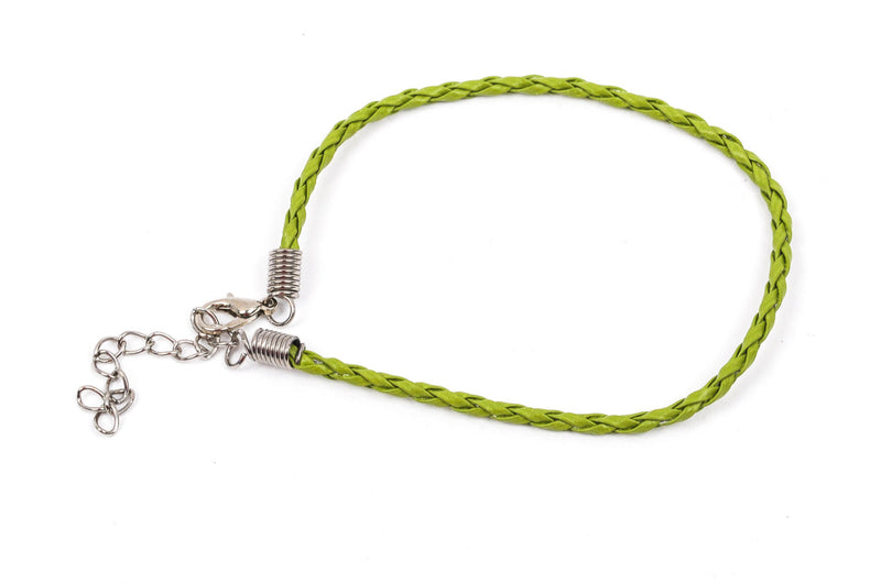 20 LIME GREEN Leatheroid Bracelet Braided Cords with Lobster Clasp . 8" long plus 2" extender chain fch0231