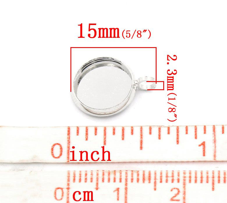 10 Silver Plated Round Circle CABOCHON SETTING Bezel Frame Charm Pendants (fits 10mm cabs)  chs1747