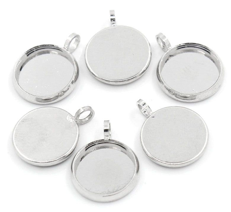 10 Silver Plated Round Circle CABOCHON SETTING Bezel Frame Charm Pendants (fits 10mm cabs)  chs1747
