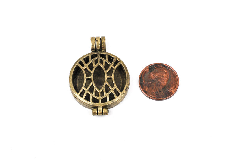 2 Bronze Metal Filigree Open LOCKET Perfume Diffuser Pendants, Art Deco Design,  1-1/8" diameter chb0321