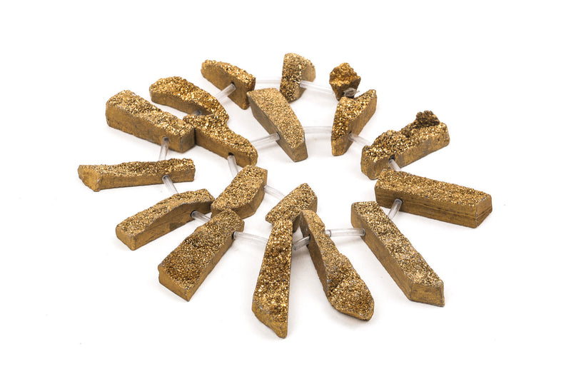 Gold Quartz DRUZY Drusy Pendant Beads, spike stick shape, top drilled, 3/4" to 2-3/8" long half strand, 9 beads, gdz0067
