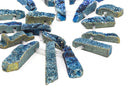 Blue and Gold Quartz DRUZY Drusy Pendant Beads, spike stick shape, top drilled, 3/4" to 2-3/8" long full strand, 18 beads, gdz0066b