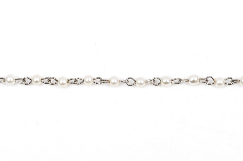1 yard White Pearl Rosary Chain, silver, 4mm round glass pearl beads, fch0235a