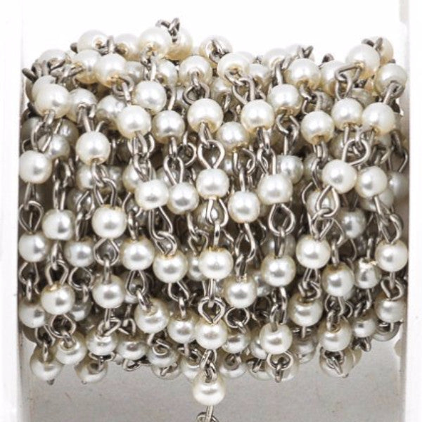 1 yard White Pearl Rosary Chain, silver, 4mm round glass pearl beads, fch0235a