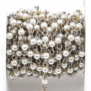 13 feet spool yard White Pearl Rosary Chain, silver, 4mm round glass pearl beads, fch0235b
