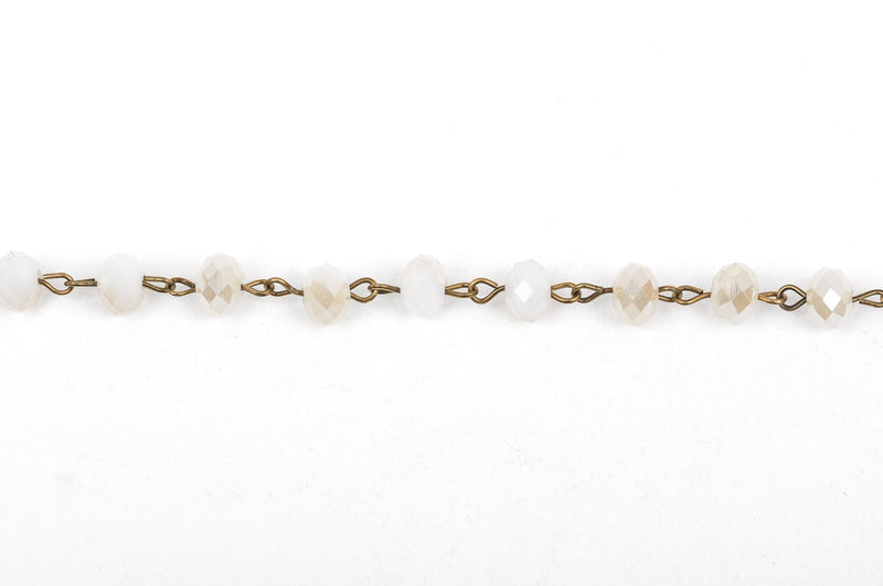 1 yard White Crystal Rondelle Rosary Chain, bronze, 8mm faceted rondelle glass beads, fch0239a