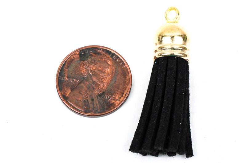 2 pcs BLACK Suede Tassel Charm Pendants, gold base 37mm long (about 1.5") cho0107