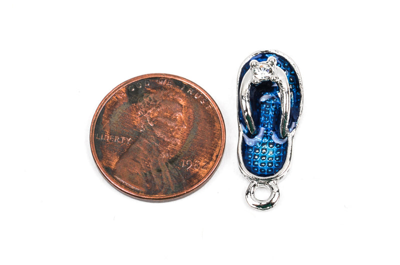 10 Silver Tone and Blue Enamel and Rhinestone FLIP FLOP Shoes Charm Pendants  23x9mm  che0466