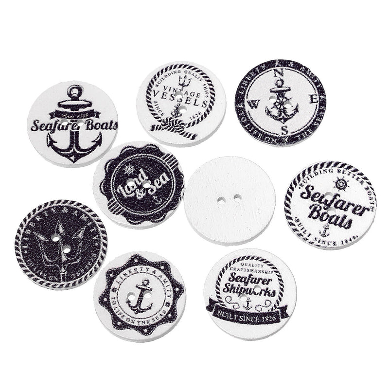 30 pcs White Wood NAUTICAL SAILING Theme BUTTONS  25mm  (1")  Scrapbooking . Beading . Sewing . But0219