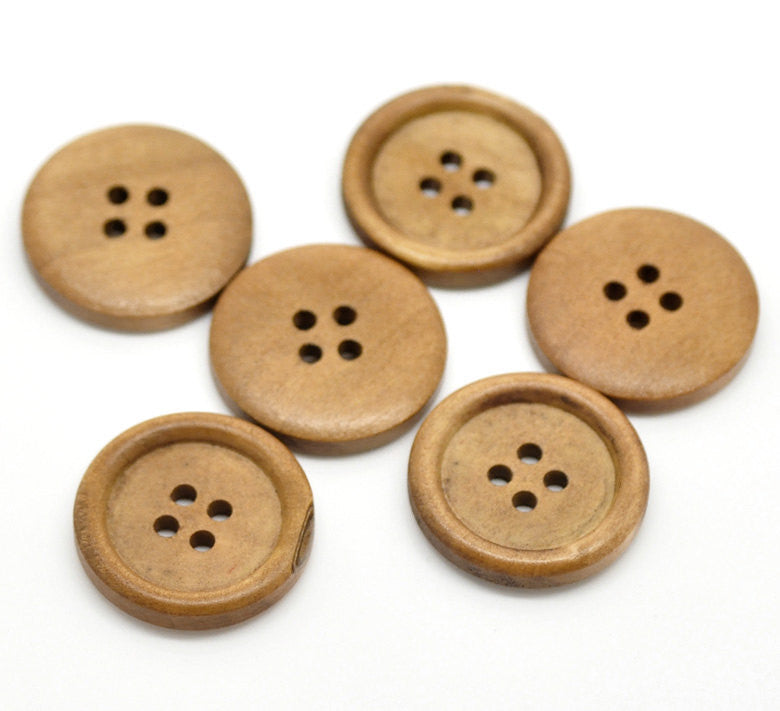 50 Large Wood Buttons, 25mm or 1" diameter cherry wood color, but0220