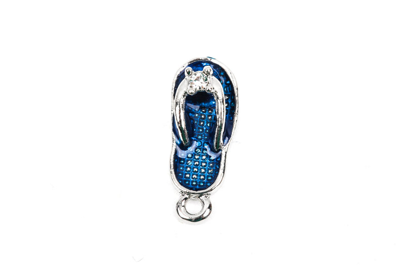 10 Silver Tone and Blue Enamel and Rhinestone FLIP FLOP Shoes Charm Pendants  23x9mm  che0466