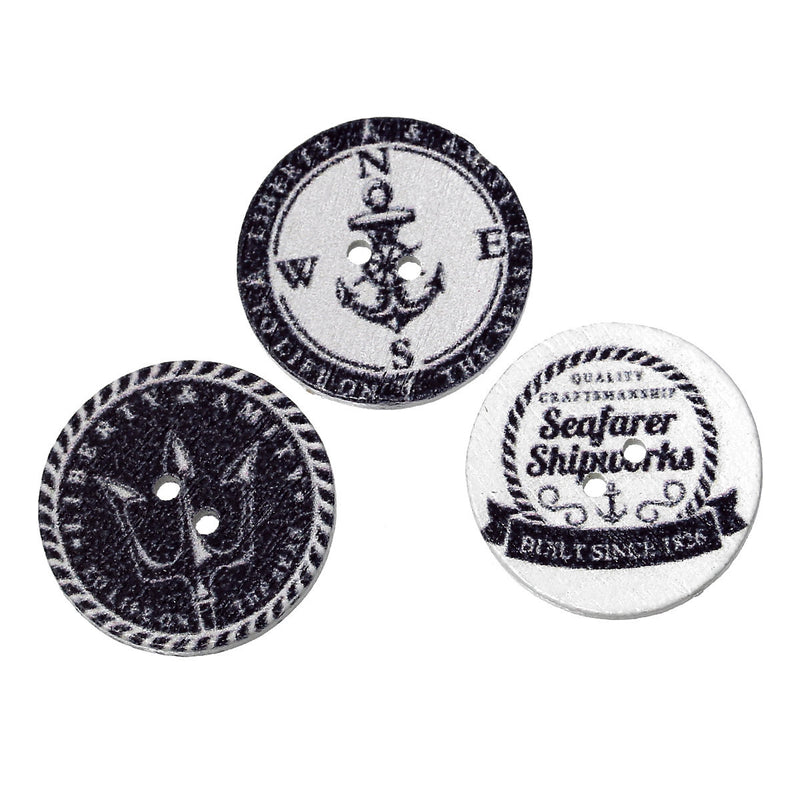 30 pcs White Wood NAUTICAL SAILING Theme BUTTONS  25mm  (1")  Scrapbooking . Beading . Sewing . But0219