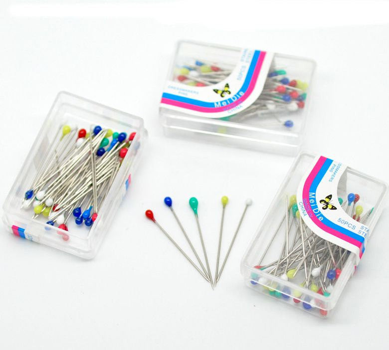 45 Stainless Steel Pearl tipped quilting pins for sewing, crafts . mixed bright colors, acrylic heads, in storage box, pin0078