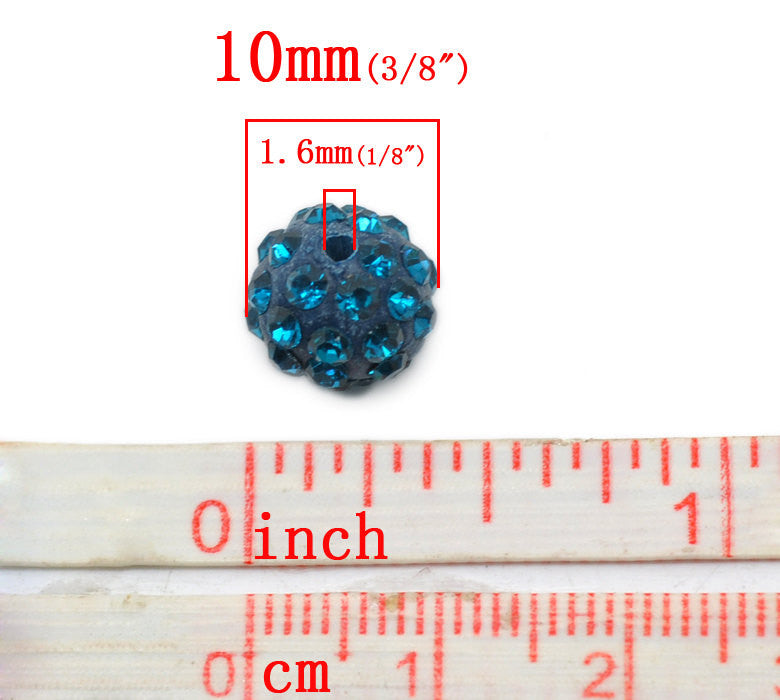 10 Bulk Package TEAL BLUE Polymer Clay and Pave' Rhinestone Round Beads, 10mm  pol0111