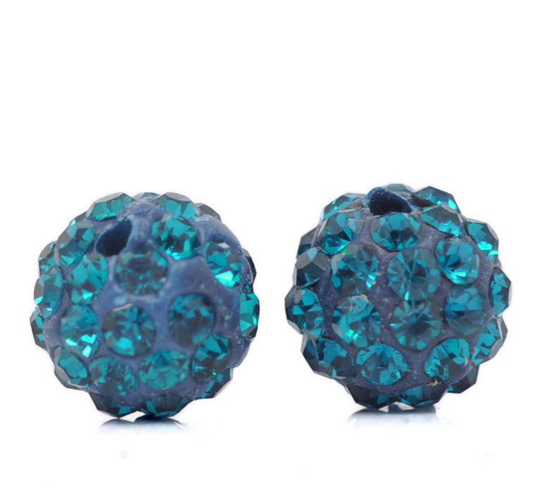 10 Bulk Package TEAL BLUE Polymer Clay and Pave' Rhinestone Round Beads, 10mm  pol0111