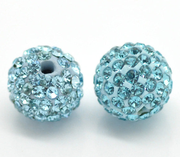 10 Bulk Package TURQUOISE BLUE Polymer Clay and Pave' Rhinestone Round Beads, 10mm  pol0112