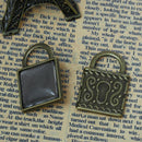 Antiqued Bronze Pendant Square Glass Cabochon Kits, Key Lock, 3/4" Bezel Tray, for charms, jewelry, key chains, 10 sets kit0004