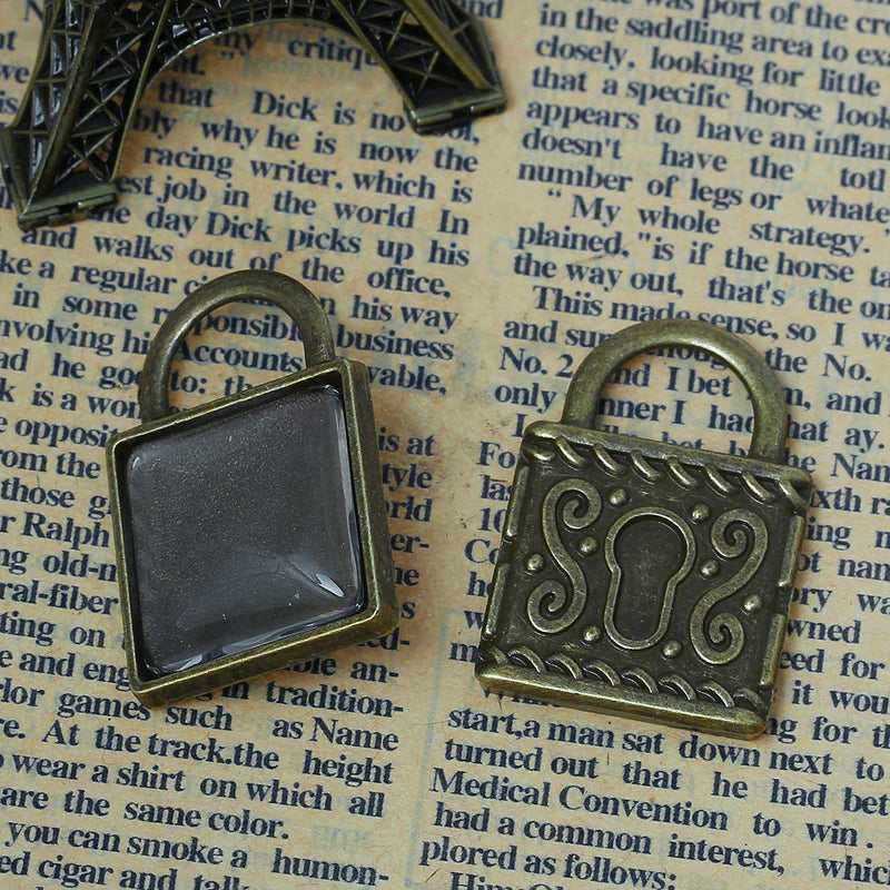 Antiqued Bronze Pendant Square Glass Cabochon Kits, Key Lock, 3/4" Bezel Tray, for charms, jewelry, key chains, 10 sets kit0004