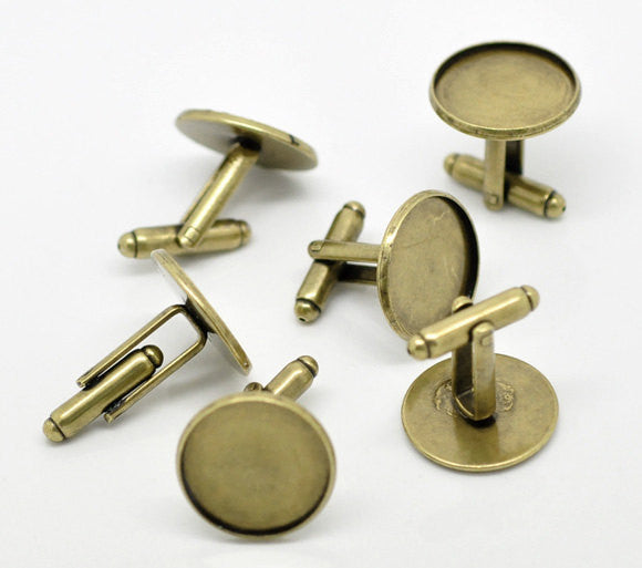 10 Cuff Link blanks, bronze plated bezel tray blanks, fits 18mm round cabochons fin0398