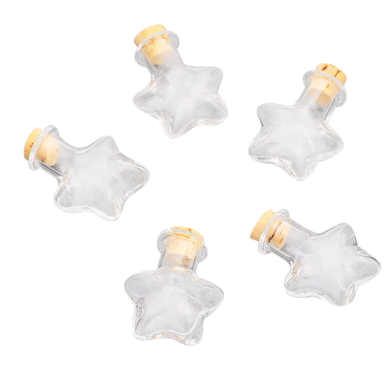 5 Tiny STAR Glass Jar Vials, 27mm x 20mm, with cork, about 1" tall x 3/4" wide fin0405