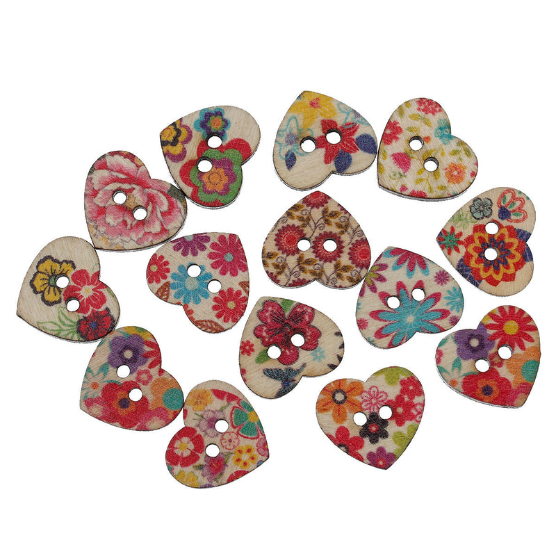 25 Painted WOOD HEART BUTTONS  25mm, 1" for Scrapbooking . Beading . Sewing  but0229