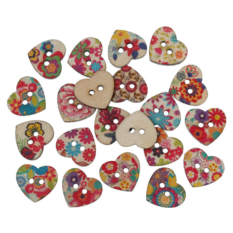 25 Painted WOOD HEART BUTTONS  25mm, 1" for Scrapbooking . Beading . Sewing  but0229
