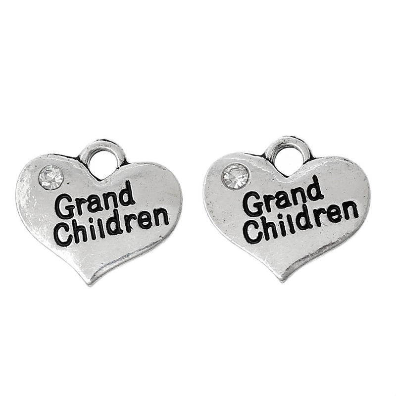 1 Antique Silver Rhinestone "Grand Children" Heart Charm Pendant proposal, 16x14mm  chs1765a