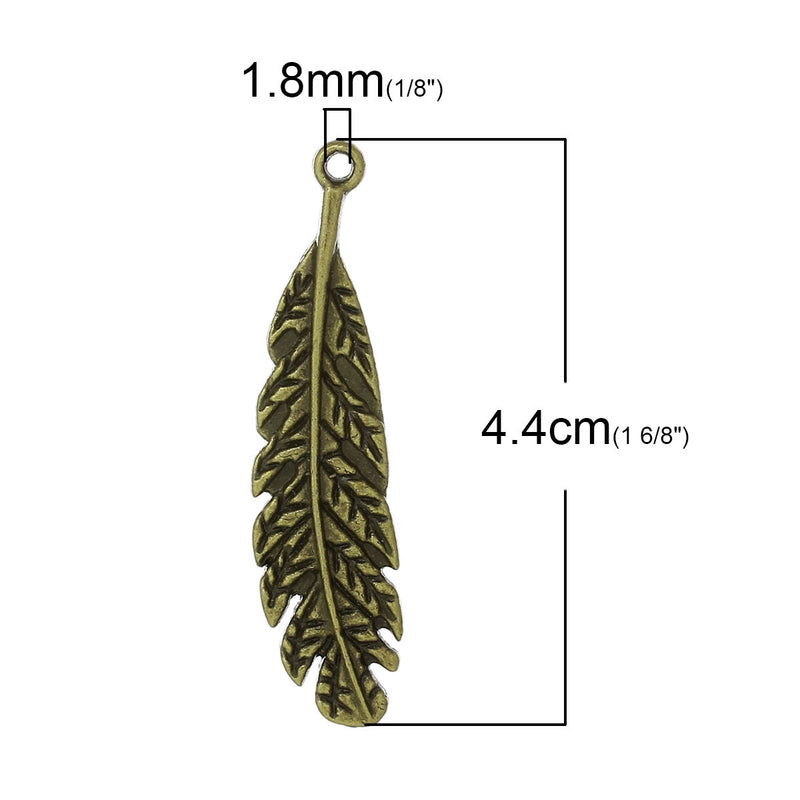 5 Antique Bronze Metal Large FEATHER Charm Pendants, 1-3/4" long chb0328