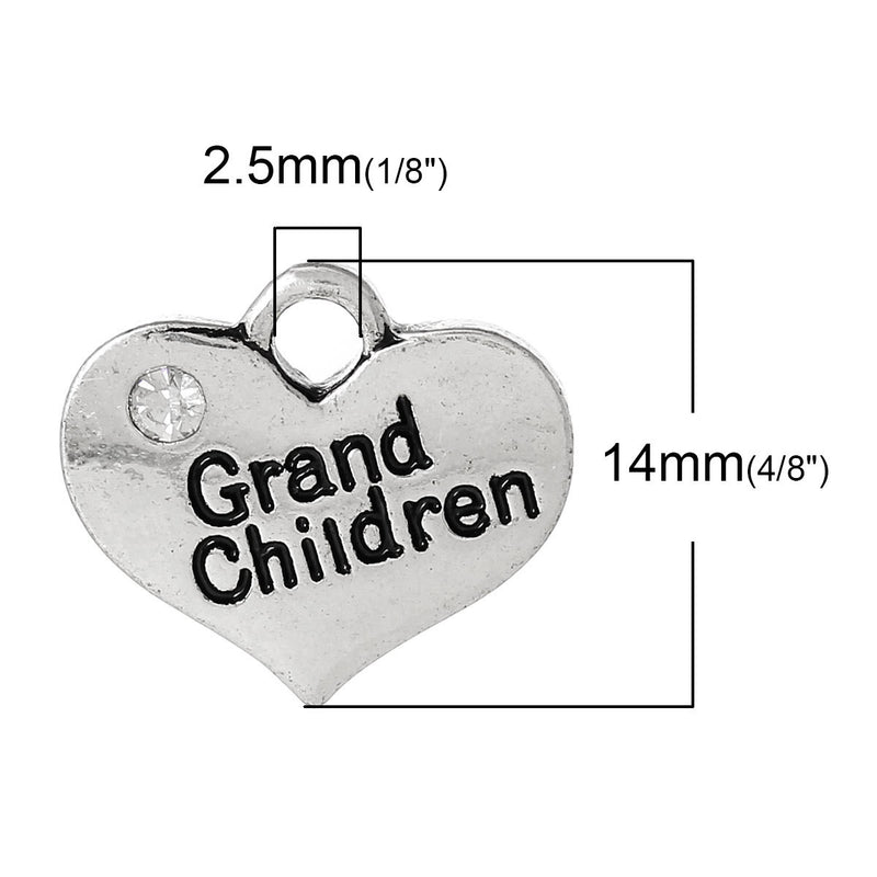 1 Antique Silver Rhinestone "Grand Children" Heart Charm Pendant proposal, 16x14mm  chs1765a
