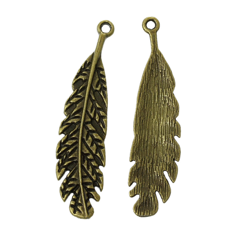 5 Antique Bronze Metal Large FEATHER Charm Pendants, 1-3/4" long chb0328