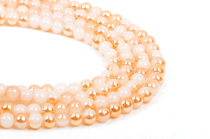 6mm PASTEL PEACH and GOLD Round Glass Pearl Beads, 10.5" strand about 50 beads  bgl1172