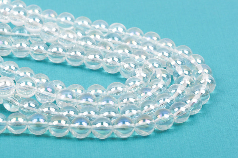 10mm CLEAR Rainbow AB Round Glass Pearl Beads, 10.5" strand about 32 beads  bgl1162