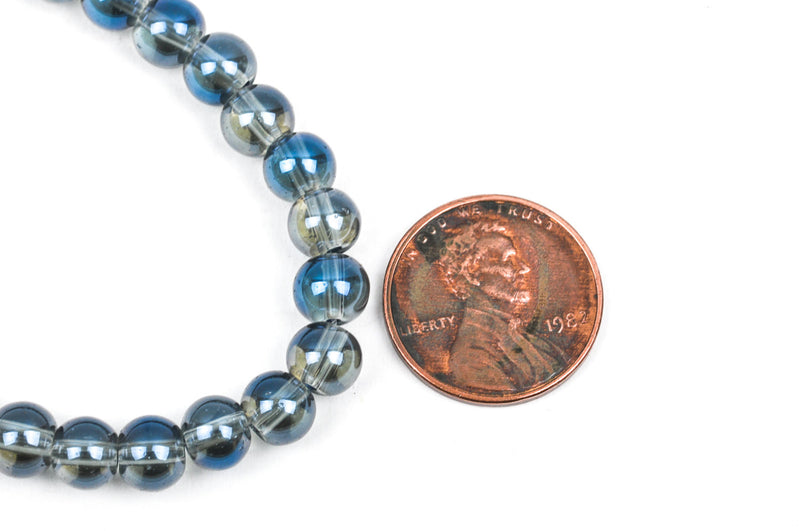 6mm MYSTIC BLUE AB Round Glass Pearl Beads, 10.5" strand about 50 beads  bgl1169