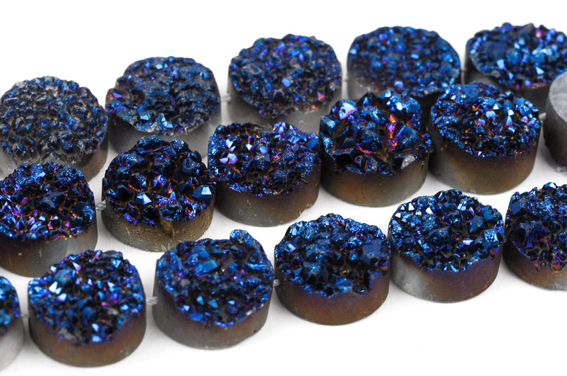 4 DRUZY Natural GEMSTONE Quartz Geode Cabochon Beads, Round, 16mm, 5/8" Mystic Blue Crystal, flatback with hole, gdz0078