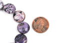 14mm Coin RUSSIAN CHAROITE Gemstone Beads, puffed coin, purple, black, white, full strand, about 29 beads grc0001
