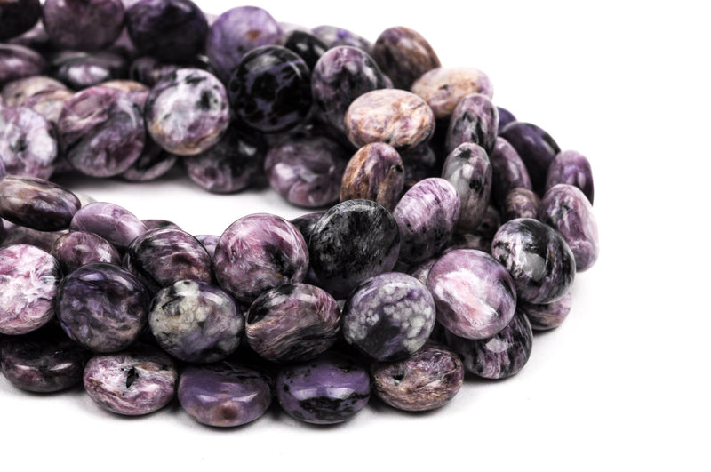 14mm Coin RUSSIAN CHAROITE Gemstone Beads, puffed coin, purple, black, white, full strand, about 29 beads grc0001