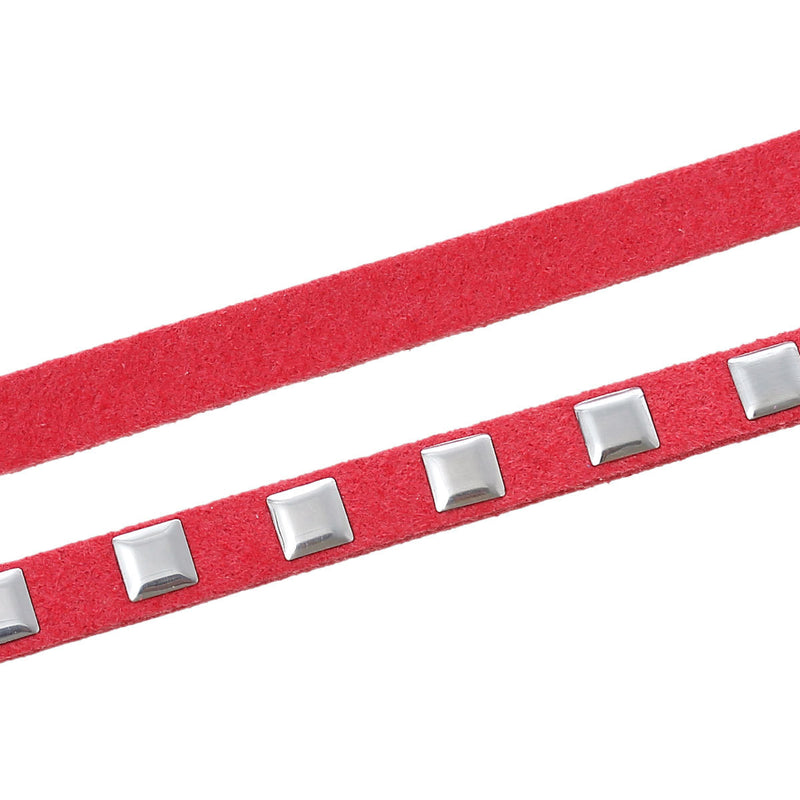 1/4" width Silver Studded CORAL Suede Jewelry Cord wrap bracelet cord, suede ribbon trim, 1 meter,  cor0067