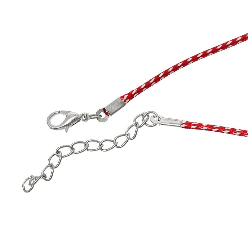 30 RED and WHITE Wax Rope Cord Necklaces with Lobster Clasps, 17" to 19" with extender chain cor0057