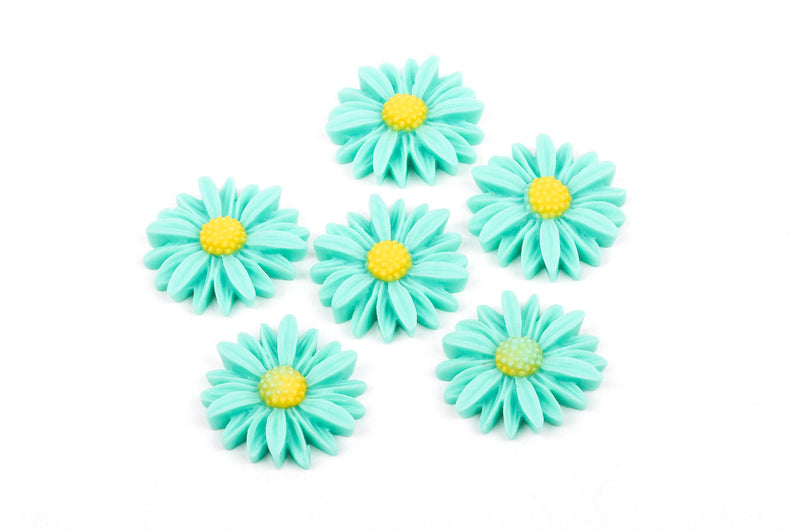 10 MINT GREEN and YELLOW Daisy Resin Acrylic Flower Cabochons, 1" diameter 25mm, cab0303
