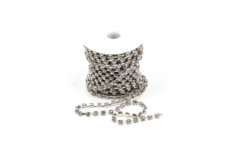 8.75 yards (26.24 feet) Rhinestone Cup Chain, 4mm rhinestones, bright silver base metal and clear glass crystals size ss16, fch0246b