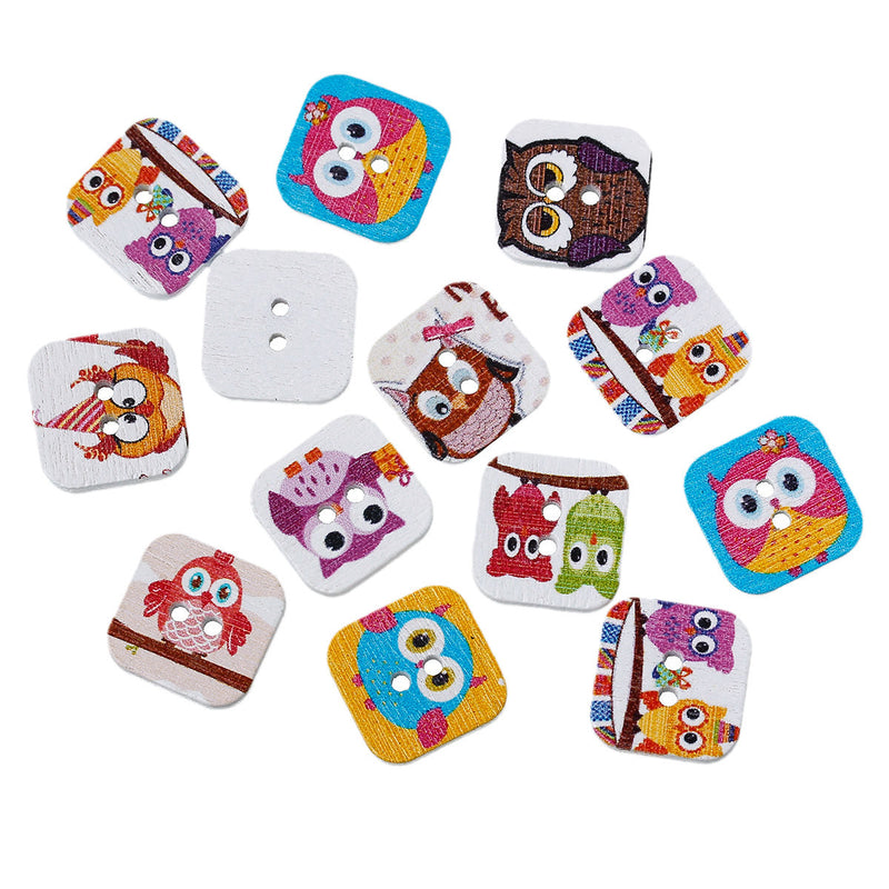 25 Square OWL WOOD BUTTONS  15mm, 5/8" for Scrapbooking . Beading . Sewing whimsical owl, whimsy owl, mixed designs,   but0234