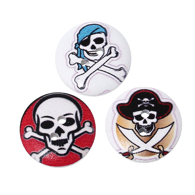 25 Round SKULL WOOD BUTTONS  20mm, 3/4" for Scrapbooking . Beading . Sewing mixed designs,  but0235