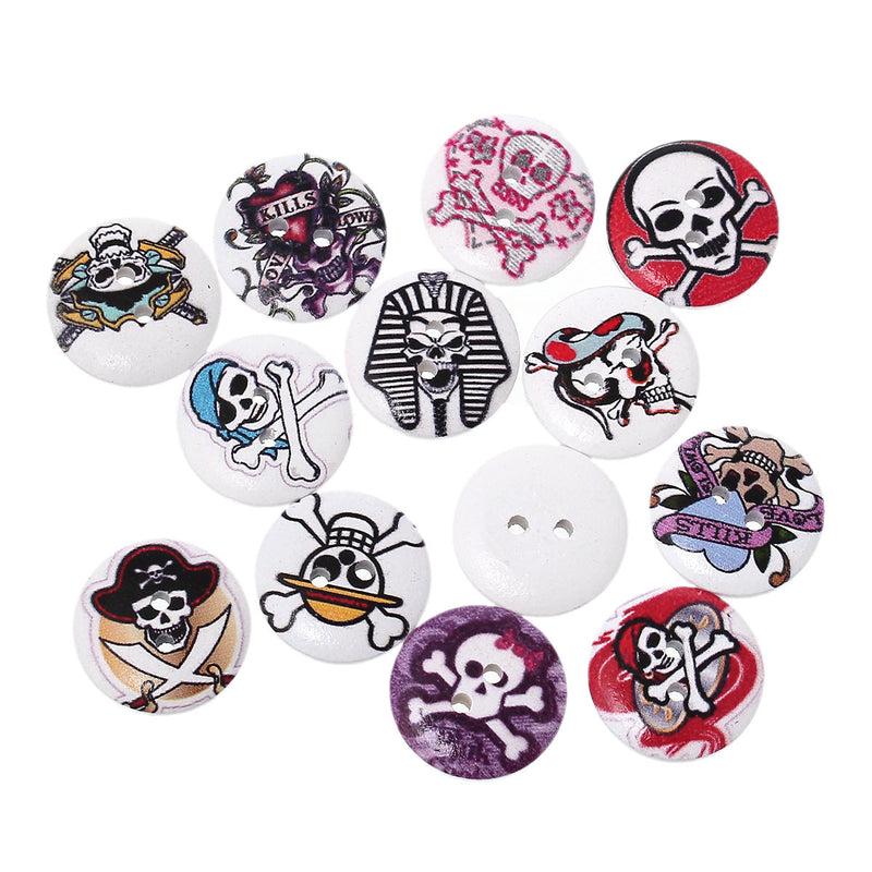 25 Round SKULL WOOD BUTTONS  20mm, 3/4" for Scrapbooking . Beading . Sewing mixed designs,  but0235