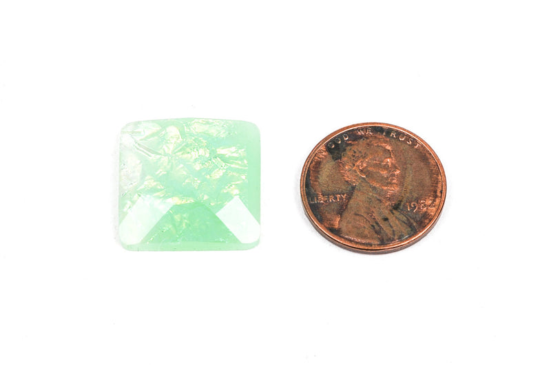 10 Resin Faceted MINT GREEN Glitter Foil Square Cabochons, 18x18mm  cab0304