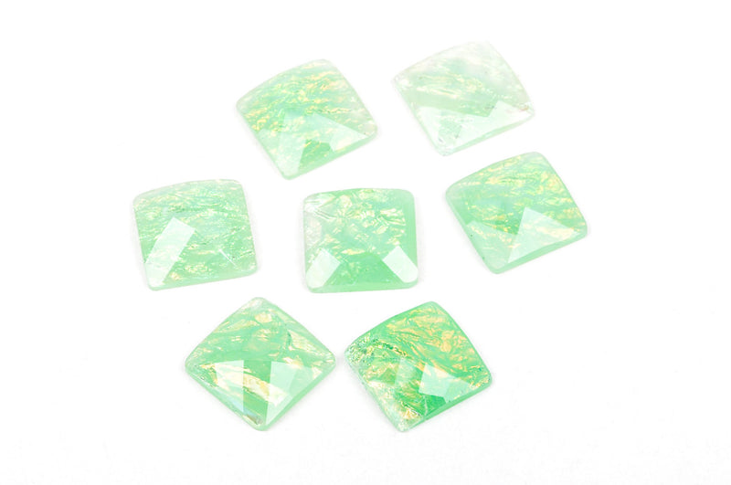 10 Resin Faceted MINT GREEN Glitter Foil Square Cabochons, 18x18mm  cab0304