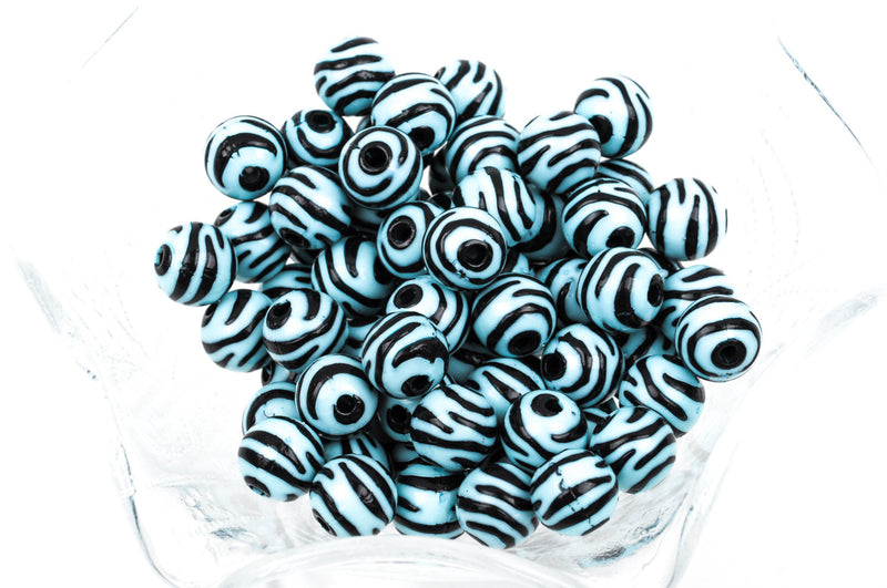 11mm Round Turquoise Blue TIGER Striped Beads . acrylic . animal print design, 25 beads, bac0297