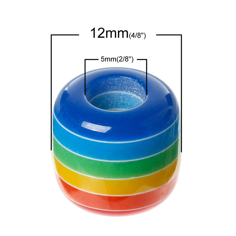 12mm Rainbow Stripe European Acrylic BUBBLEGUM Beads, Column Barrel Beads, 25 beads,  bac0294