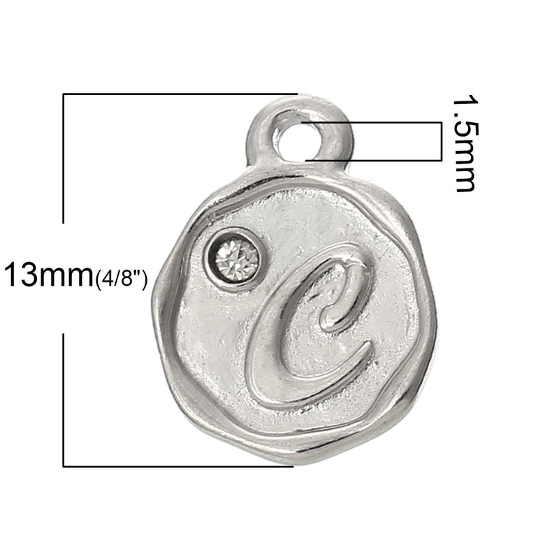 4 pcs Letter C Monogram Wax Seal Silver Charm Tags, with crystal rhinestone, 3/8"  chs1803