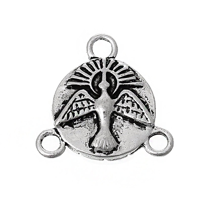 10 Silver PEACE DOVE Charm Pendants, Connector, Tri-piece, rosary centerpiece, can hold 10mm cabochon in bezel, 5/8" chs1796